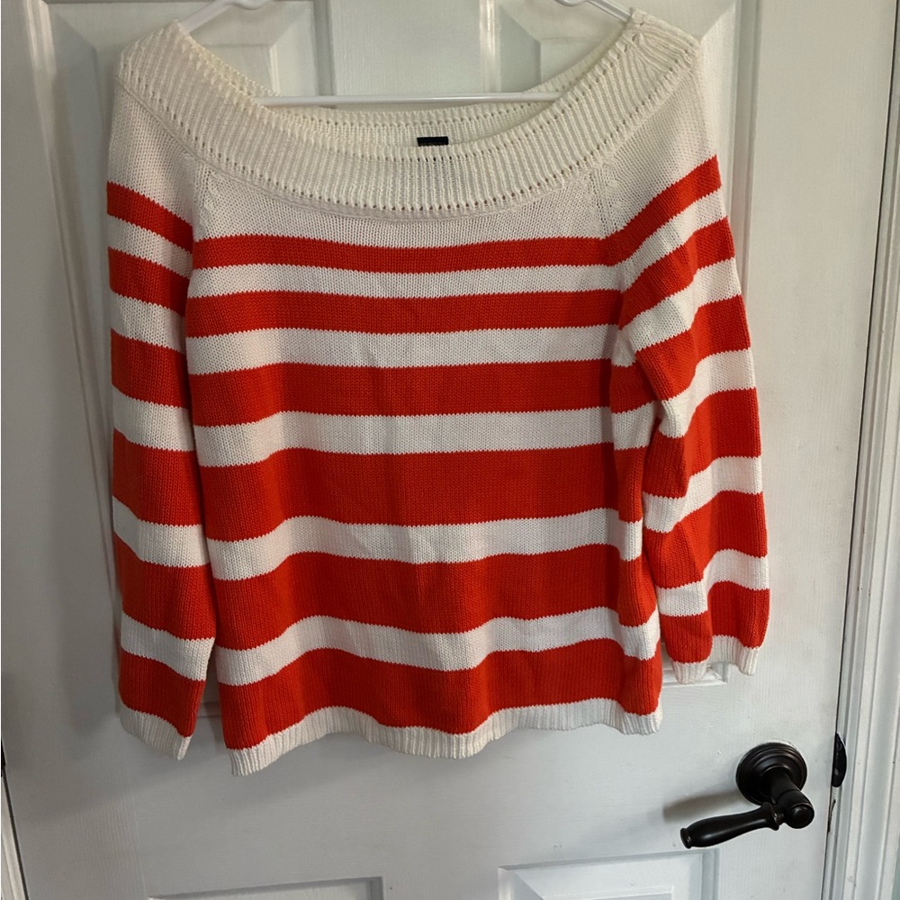 Boston Proper Orange and White Striped Off-Shoulder Sweater